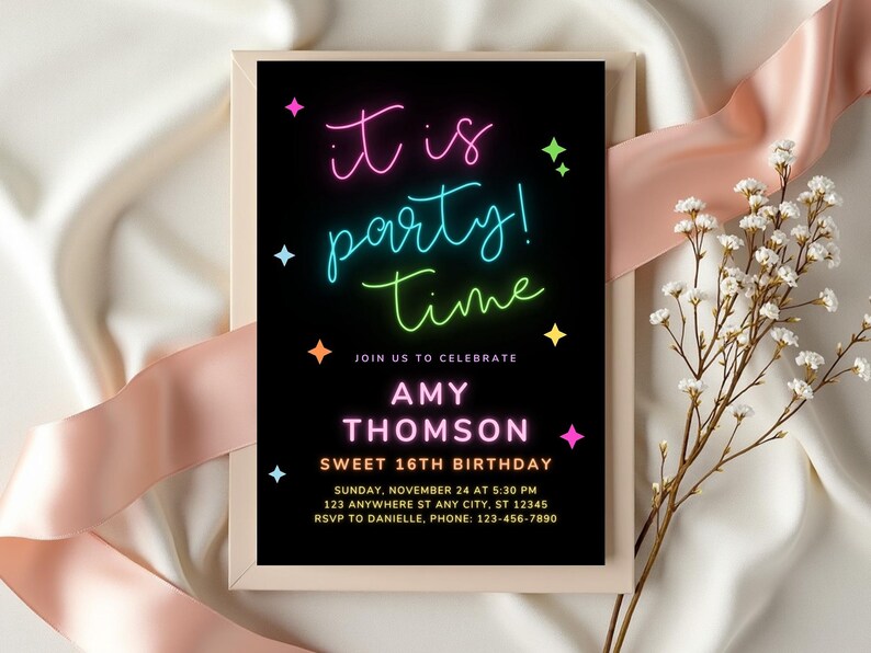 A preview of customization options for a product, showing what can be personalized on an invitation, such as text, colors, and design features.
