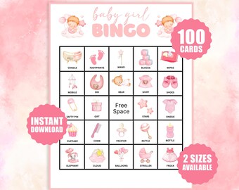 Baby Girl Shower Bingo Spiel zum Ausdrucken, 100 rosa Baby Shower Bingo Karten, lustige Mädchen-Babyparty-Aktivität, Instant Download Spielset für Kinder
