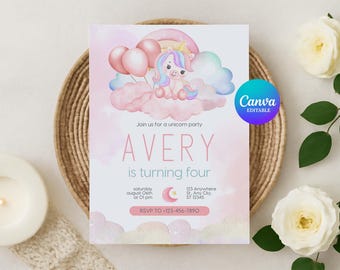 Bearbeitbare Einhorn-Geburtstagseinladung, Regenbogen-Einhorn-Party-Vorlage, magische Pastelleinladung, wunderliches Märchen-Thema, Prinzessin-Feier