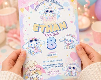 Einladung mit pastellfarbenem Welpenmotiv, Kawaii-Geburtstagseinladungsvorlage, Welpengeburtstagseinladung, bearbeitbare Partyeinladung, druckbare digitale Einladung