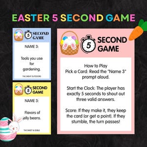 Puede incluir: Un juego temático de Pascua con el texto "EASTER 5 SECOND GAME". El juego incluye tarjetas con indicaciones como "Herramientas que usas para jardinería" y "Sabores de gominolas". Un gráfico de reloj indica un límite de tiempo de 5 segundos. También se muestra una zanahoria y un huevo de Pascua.