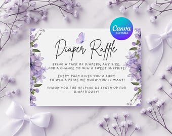 Lila Schmetterling | Windel-Verlosungsschild | Babyparty Bundle | flieder blumig | Sofortdownload | Baby in Blüte | Bearbeitbare Canva Vorlage
