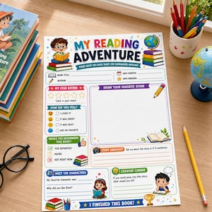 May include: A My Reading Adventure activity sheet featuring sections for book title, author, star rating, favorite scene drawing, character analysis, and creative writing prompts, decorated with colorful illustrations of children and books.