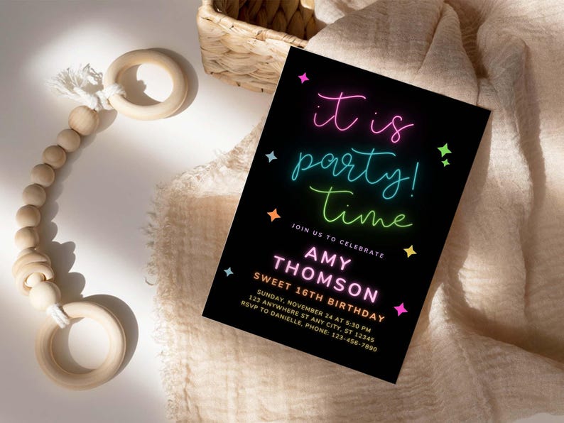 A digital design for a party invitation, showcasing a beautiful layout with a floral accent and elegant typography.