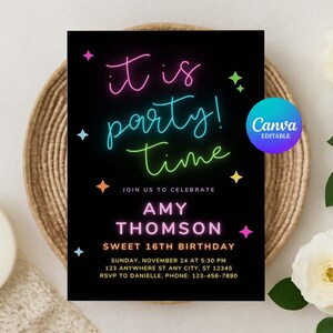 A digital graphic design for a party invitation, featuring colorful text that reads, "It's a Party," on a dark background with decorative elements.
