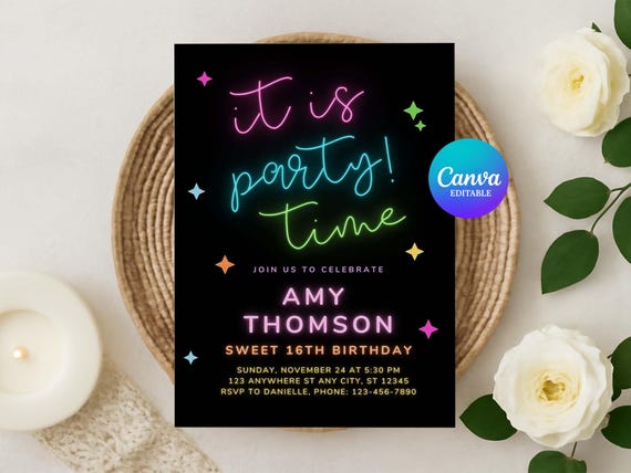 Editable Neon Lights Birthday Invitation Template, Glow Party Invite, Any Age Girl Birthday, Customizable Digital Neon Party Invitation