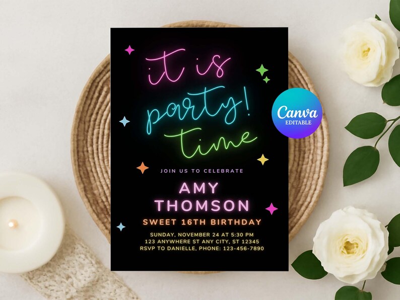 A digital graphic design for a party invitation, featuring colorful text that reads, "It's a Party," on a dark background with decorative elements.
