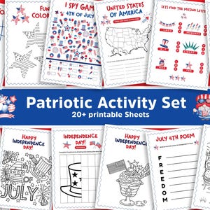 May include: A set of printable patriotic activity sheets, featuring games and puzzles with red, white, and blue designs. Themes include the 4th of July and Independence Day. Includes tic-tac-toe, colouring pages, and a map of the United States. Over 20 sheets.