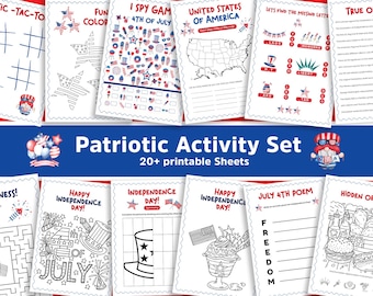 May include: A collection of printable patriotic activity sheets with various games and puzzles. The sheets feature red, white, and blue designs with themes like the 4th of July, Independence Day, and the United States of America. Includes tic-tac-toe, coloring pages, and more.