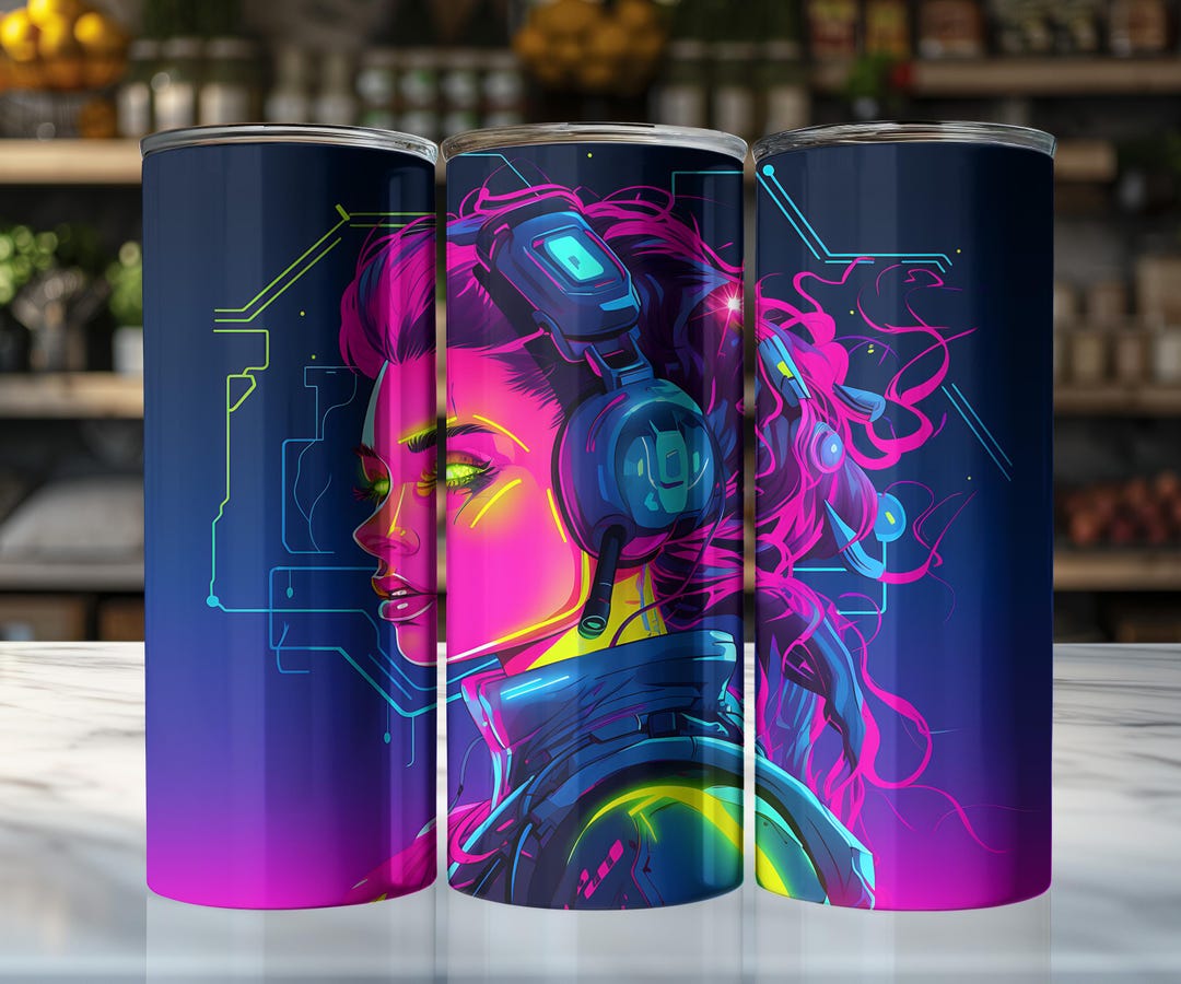 Cyberpunk Girl Tumbler Wrap, Neon Gamer Art 20oz Skinny Tumbler PNG ...