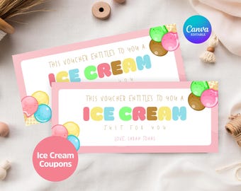 Bearbeitbarer Eiscreme-Coupon zum Ausdrucken für Kinder, Canva-Belohnungsgutschein für Geburtstagsfeier, Geschenkkarte für süße Sommerfreuden, bunte Dessertkarte