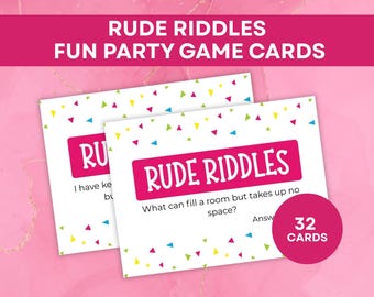 May include: Two white game cards with the text "RUDE RIDDLES" in a pink rectangle. The cards have colorful triangle confetti and the text "FUN PARTY GAME CARDS" above them. A pink circle reads "32 CARDS".