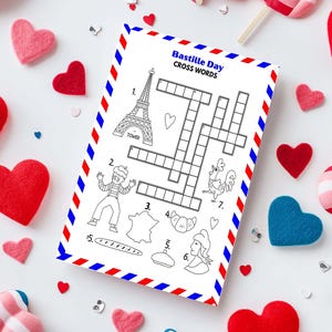 Bastille Day Crossword Puzzle Printable | French Symbols Worksheet for Kids | July 14 Game | Instant Download PDF