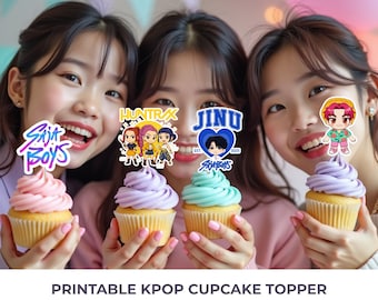 Dekoracje na babeczki K-pop, dekoracje na imprezę z motywem anime do druku, ozdoby do tortów Huntrix, dekoracje Saja Boys, motywy K-pop DIY, pobieranie cyfrowe, K-drama DIY