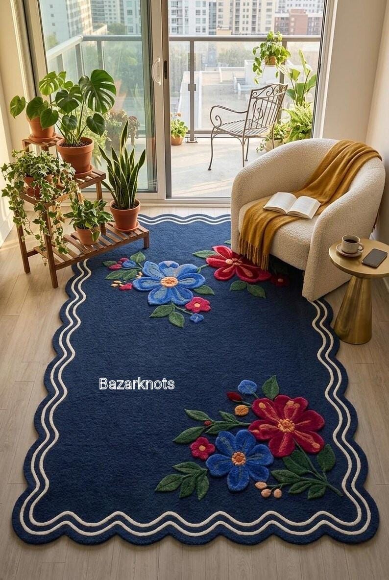 Hand Tufted Floral Area Rug | Navy Blue Wool Rug With Colorful Flowers ...