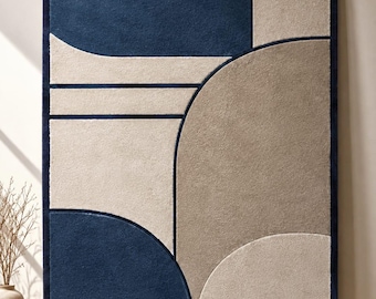 Navy Blue Wool Rug, Hand Tufted Abstract Area Rug, Blue Ivory & Taupe Geometric Rug, Modern Organic Statement Rug