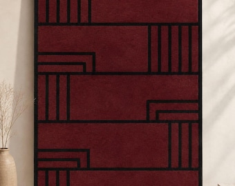 Tappeto in lana bordeaux, tappeto geometrico astratto trapuntato a mano, tappeto nero e rosso vino, tappeto moderno di lusso, arredamento contemporaneo per la casa