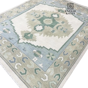 Hand-Knotted Oushak Rug – Soft Sage Green & Blue Geometric Wool Area Rug – Turkish Vintage Style Carpet 9x12 Living Room Decor, Dining area