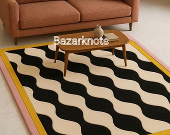 Hand-Tufted Wool Area Rug: Retro Modern Wavy Stripe Decor Modern Rugs .Rugs For living room