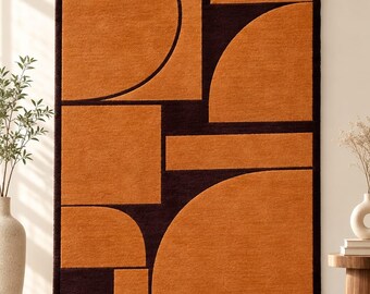 Burnt Orange Geometric Wool Rug, Hand Tufted Abstract Area Rug, Black Modern Statement Rug, Contemporary Mid Century Decor