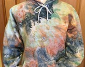 Adult Hoodie Hand Dyed In Shades Of Blue, Green, Peach And Cream. Pastel Hoodie.