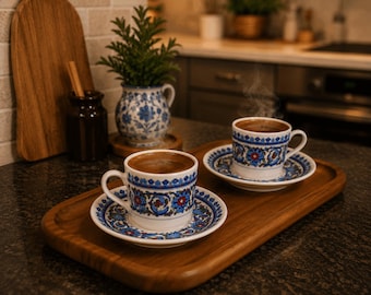 Turkish Coffee Cup Set for 2, Ceramic Turkish Tea Cups, Traditional Ottoman Floral Pattern, Turkish Decor, Ceramic Anniversary Gift