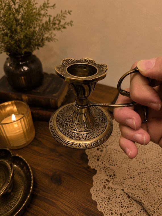 Antique Style Brass Candle Holder 7 cm | Vintage Brass Chamberstick | Mini Candle Stand | Rustic Home Decor | Medieval Brass Candlestick