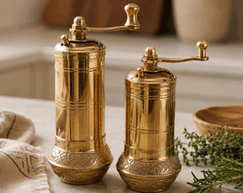 Set 4” & 5” Handmade Solid Brass Pepper Mill  | Traditional Turkish Spice Grinder | Manual Metal Crank Pepper Grinder ,