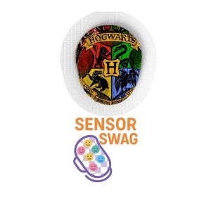 May include: A circular patch featuring the Hogwarts crest with the text "HOGWARTS" at the top. The crest is divided into four sections with a lion, badger, eagle, and snake. Below the crest is the text "SENSOR SWAG" and a graphic of a sensor with smiley faces.