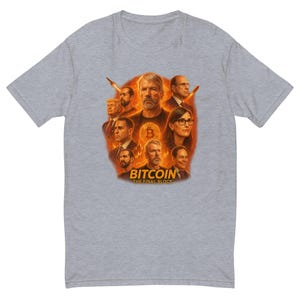 Bitcoin: The Final Block – Crypto Icons Unite Men&#39;s Fitted T-Shirt