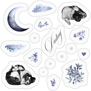 Pacchetto di adesivi blu. Cani, bolle, luna, fiori
