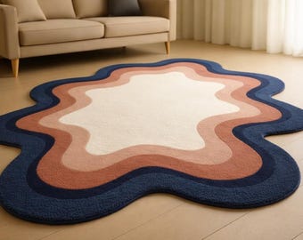 Alfombra moderna de forma orgánica, alfombra abstracta ondulada, alfombra irregular con mechones, alfombra de suelo azul marino, rosa y crema, decoración para sala de estar, dormitorio o habitación infantil.