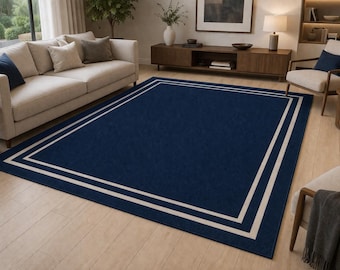 Alfombra azul oscuro de 8x10 / Alfombra moderna minimalista con borde para sala de estar