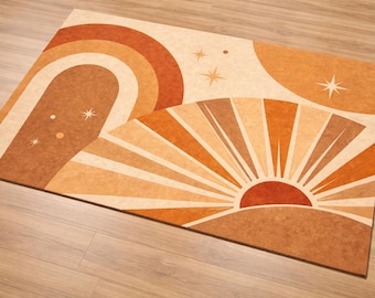 Alfombra Boho Sun Rainbow, alfombra de lana tejida a mano, diseño abstracto retro con efecto amanecer.