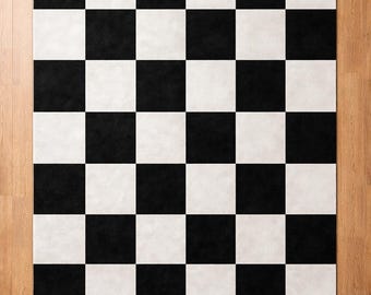 Hand-Tufted Black and White Checkerboard Rug, Modern Geometric Carpet, Living Room Decor