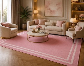 Alfombra de lana rosa palo tejida a mano, alfombra minimalista con borde, alfombra suave de lujo, decoración moderna escandinava para el hogar, alfombra de tamaño personalizado.