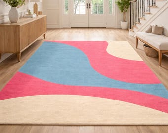 Alfombra abstracta de bloques de color con diseño moderno ondulado, alfombra de área estilo mechones hechos a mano en rosa, azul y beige para sala de estar y decoración contemporánea del hogar.