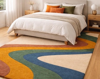 Tapete abstrato moderno, tapete ondulado colorido, tapete geométrico tufado, tapete de estilo meados do século, tapete para sala de estar e quarto, tapete macio feito à mão.