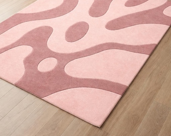 Alfombra rosa abstracta tejida a mano, alfombra moderna de lana, alfombra de lujo personalizada, alfombra suave para dormitorio y sala de estar, decoración de piso contemporánea hecha a mano
