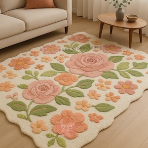 Handgetufteter Wollteppich mit Blumen: 1,5 x 2,5 cm großer, bunter Wollteppich