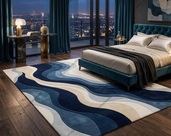 Modern Abstract Blue Wave Rug 8x10, Luxury Aesthetic Area Rug, Contemporary Living Room Bedroom Decor, Cozy Soft Carpet, Housewarming Gift