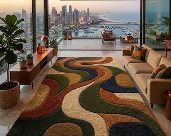 Vintage 70s Retro Wavy Rug | Mid Century Modern Abstract Area Rug | Earth Tone Hand Tufted Carpet | 8x10, 9x12, 10x14, Custom