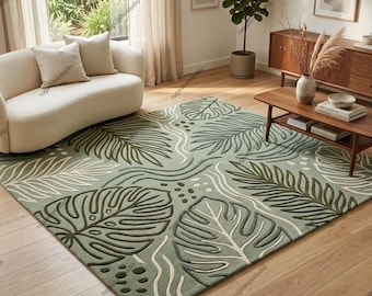 Botanical Leaf Area Rug Organic Modern Hand Tufted Wool Tropical Carpet Sage Green Olive Cream High Low Plush Pile Living Room Rug 8x10 9x12