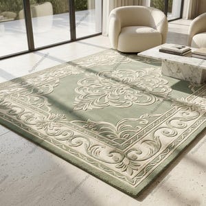 May include: A rectangular area rug featuring a sage green background with a raised, cream-colored floral damask pattern. The design includes a central medallion and a wide, ornate border with scrolling leaf motifs, creating a textured surface.