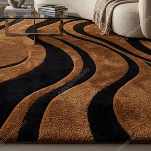 Alfombra moderna orgánica, alfombra escultural de lana ondulada para sala de estar, alfombra de diseño contemporáneo abstracto en marrón y negro, tamaño personalizado disponible. imagen 3