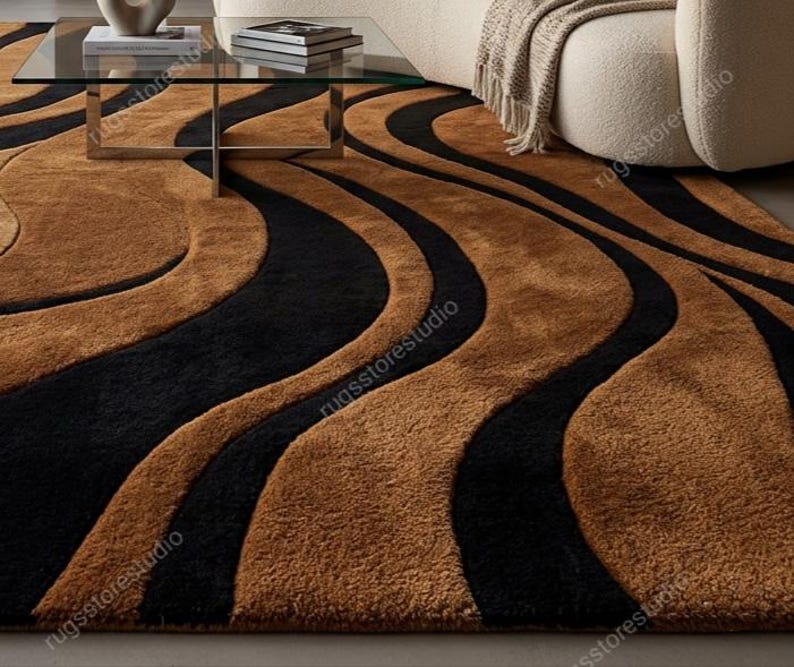 Alfombra moderna orgánica, alfombra escultural de lana ondulada para sala de estar, alfombra de diseño contemporáneo abstracto en marrón y negro, tamaño personalizado disponible. imagen 3