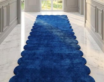Blue Scalloped Runner Rug, Hand Tufted Wool Runner, Modern Hallway Rug, Wavy Edge Carpet, Luxury Minimalist Runner, Entryway Rug, Custom Rug