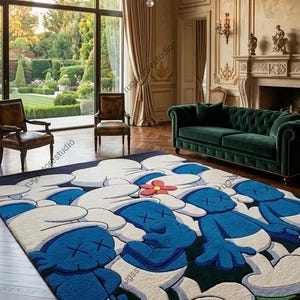 Alfombra de arte pop / Decoración de habitación Hypebeast con personaje azul / Alfombra streetwear tejida a mano / Sala de estar de lujo moderna / 5x7, 8x10, 10x14, a medida