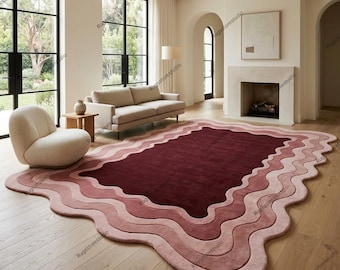 Burgundy Scalloped Hand-Tufted Wool Area Rug: Pink Wavy 1970s Mid-Century Modern 8x10 Rug, Luxury Statement Rug, Bedroom Living Room Carpet