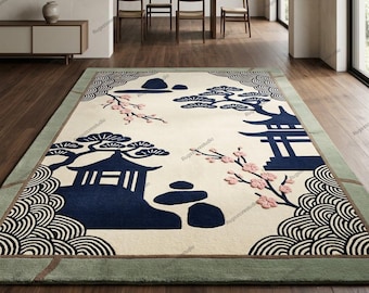 Japanese Area Rug Cherry Blossom Pagoda Zen Garden Decor Japandi Style Hand Tufted Navy Cream Plush Living Room Rug